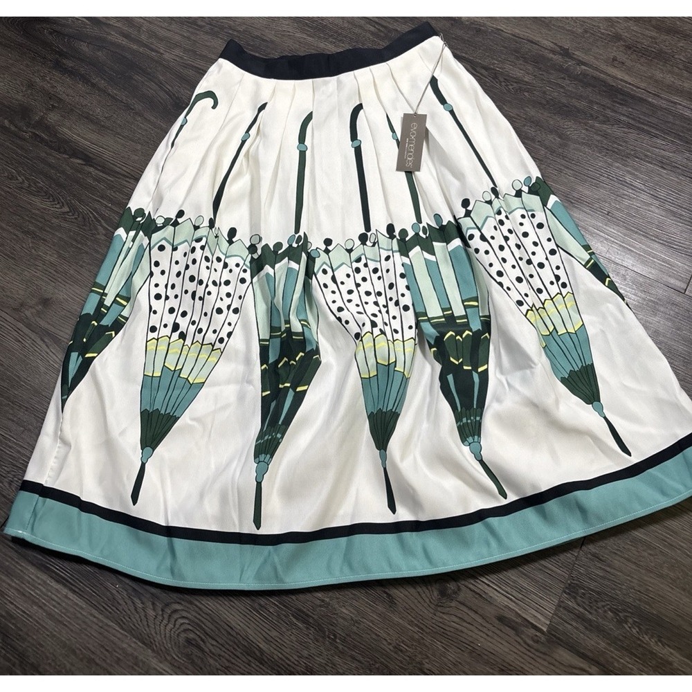 Eva Mendes NY&Co Umbrella Print Pleated Midi Skirt Size 14 Green White NWT